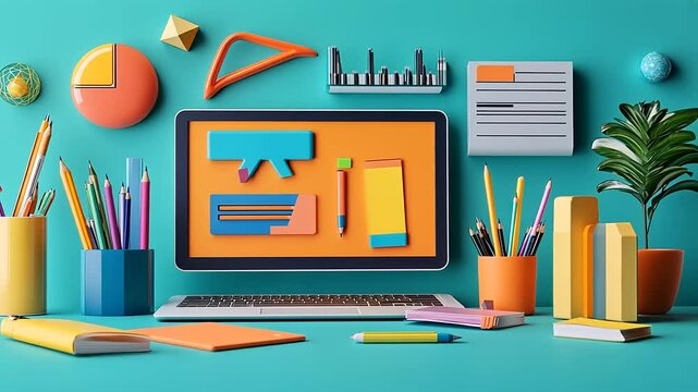 Colorful workspace featuring a laptop surrounded by stationery and decorative items on a teal background