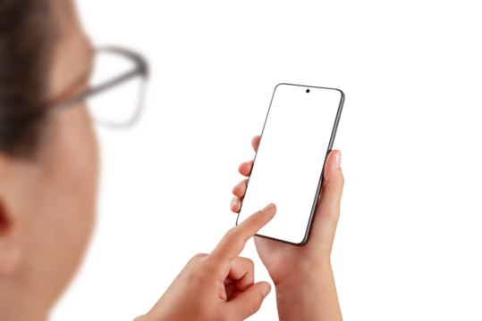 Woman interacting with smartphone transparent, blank screen ideal for app mockups, user interface previews, or digital product presentations