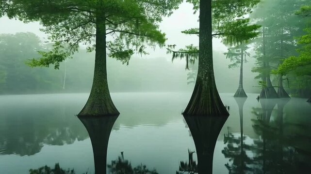 Misty Swamp Landscape With Green Trees