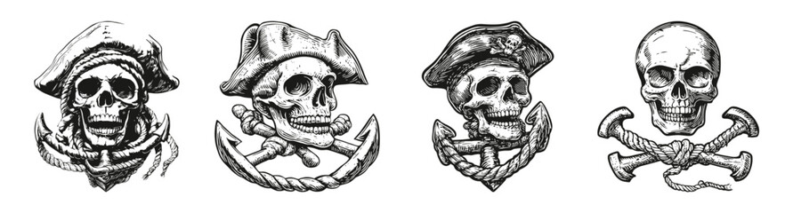 Vintage Pirate Skull Illustrations with Nautical Themes and Elements, vector illustration, engraving design, logo design set, black and white line, template design element