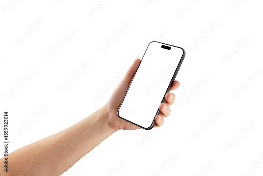 Poster Isolated transparent smartphone in hand with blank display, suitable for showcasing responsive layouts, tech branding, or mobile application concepts