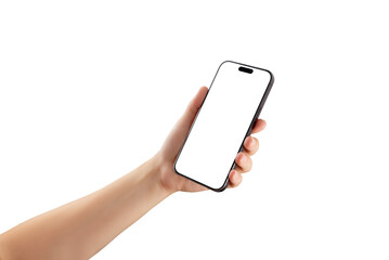 Isolated transparent smartphone in hand with blank display, suitable for showcasing responsive...