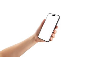 Isolated transparent smartphone in hand with blank display, suitable for showcasing responsive layouts, tech branding, or mobile application concepts