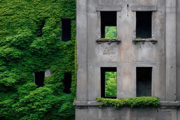 hauntingly beautiful scene of abandoned building overtaken by nature with vines creeping up walls and broken