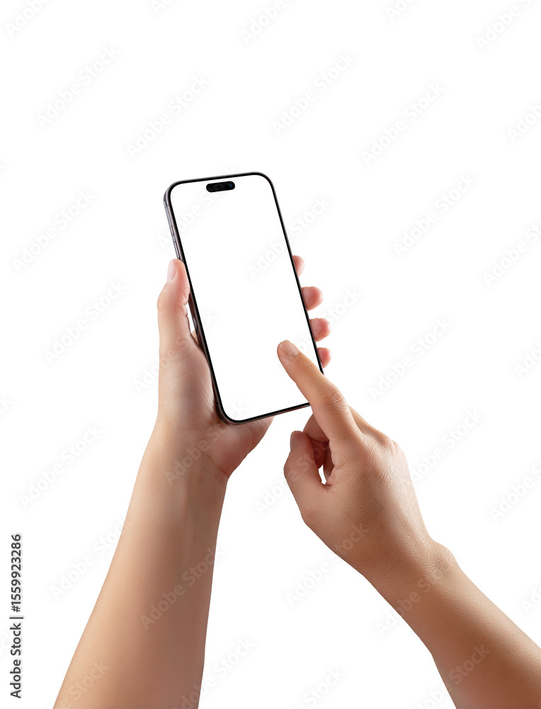 Poster Two transparent hands interacting with smartphone, blank screen mockup ideal for UI/UX previews, mobile app presentations, or responsive design visuals
