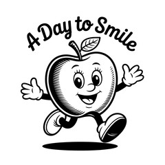 Cheerful cartoon apple character running happily with arms outstretched in a playful manner