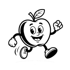 Cheerful cartoon apple character running happily with arms outstretched in a playful manner