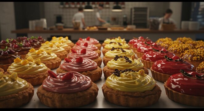 An array of colorful tarts with various toppings displayed in a bakery setting with bakers behind