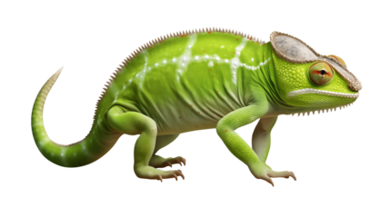 Green chameleon rests against a stark Isolated on transparent Background showcasing its unique features.