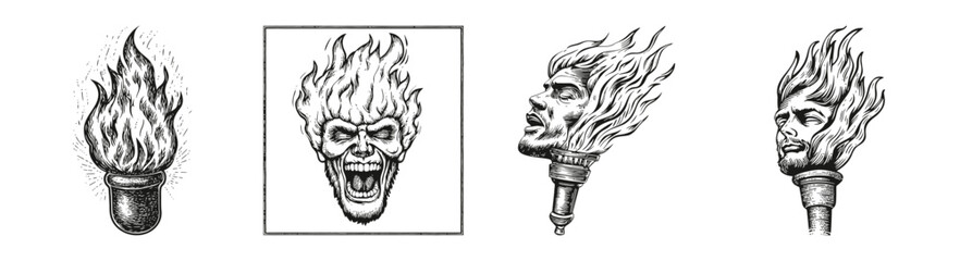 Vector Illustrations of Flames and Torches Featuring a Face Design, vector illustration, engraving design, logo design set, black and white line, template design element
