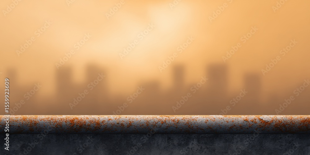 Poster cityscape background with rusty railing overlooking urban architecture skyline