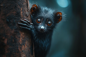Captivating aye-aye with mesmerizing orange eyes perched amid shadowy foliage in a nocturnal rainforest generative AI
