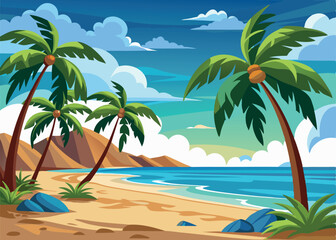 Vector art of a tropical beach landscape with palm trees, blue sea, and sandy shore under a cloudy sky