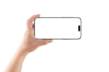 Female hand holding smartphone transparent in landscape orientation, perfect for fullscreen app mockups, video previews, or UI demonstrations