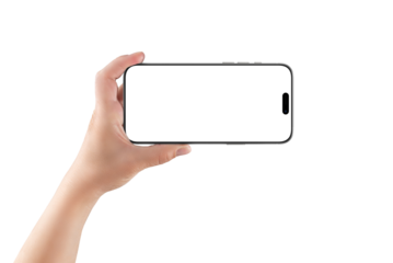 Female hand holding smartphone transparent in landscape orientation, perfect for fullscreen app mockups, video previews, or UI demonstrations