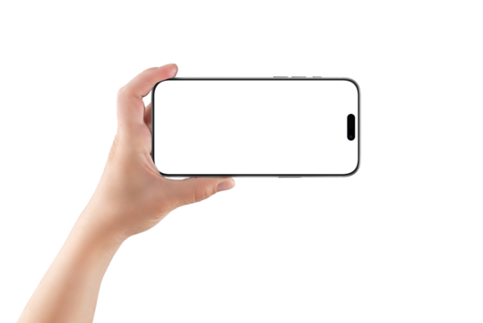 Female hand holding smartphone transparent in landscape orientation, perfect for fullscreen app mockups, video previews, or UI demonstrations