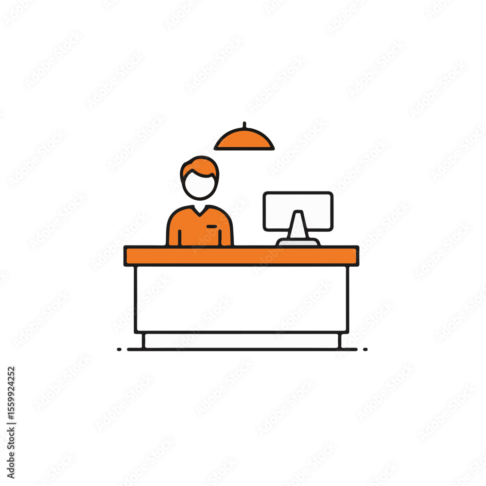 Poster illustration of a person working at a desk with a computer and lamp above.