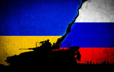 War between Russia and Ukraine with Silhouette tank on cracked wall with national flag background