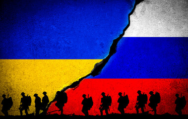 War between Russia and Ukraine with Silhouette soldiers on cracked wall with national flag...