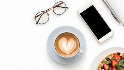 A productive morning with coffee phone glasses and a healthy breakfast