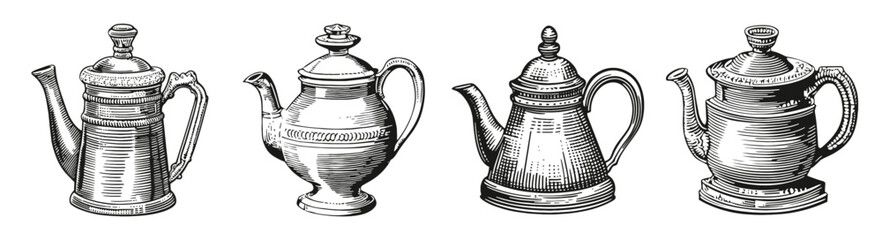 Vintage Teapots Illustration in Detailed Line Art Style, vector illustration, engraving design, logo design set, black and white line