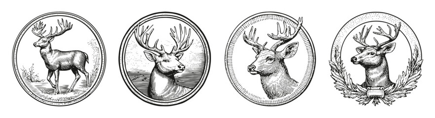 Vintage Deer Illustrations in Circular Designs for Elegant Decor, vector illustration, engraving design, logo design set, black and white line