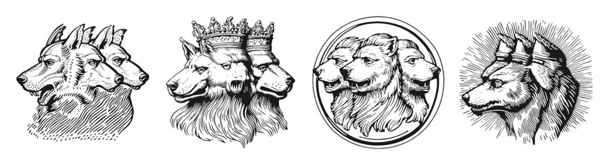 Unique Artwork of Hybrid Animal Heads in Classic Etching Style, vector illustration, engraving design, logo design set, black and white line