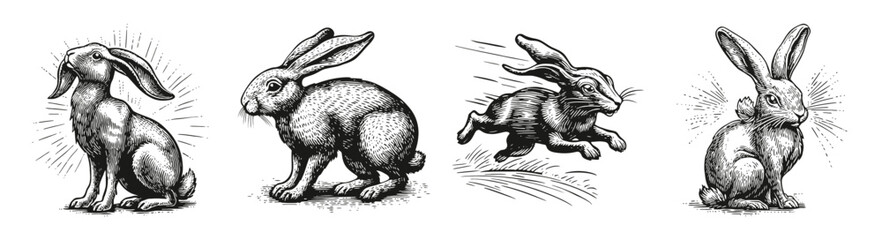 Detailed Vintage Illustrations of Various Rabbit Poses and Actions, vector illustration, engraving design, logo design set, black and white line
