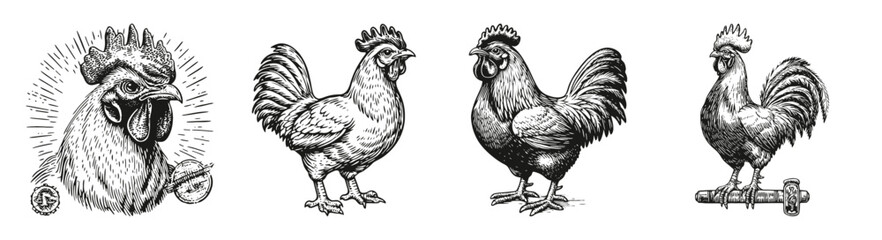 Vintage Illustrations of Roosters in Black and White Style, vector illustration, engraving design, logo design set, black and white line