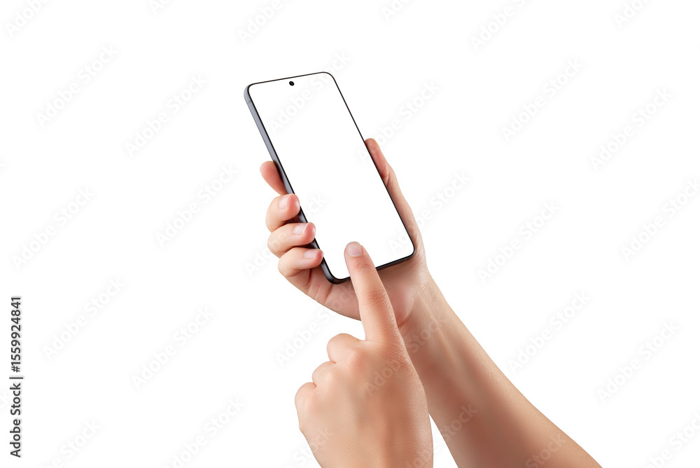 Poster Hands using smartphone with blank screen transparent, isolated on white, ideal for app mockups, UI previews, or interactive mobile interface design