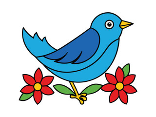 Blue Bird with Red Flowers Colorful Cartoon Illustration