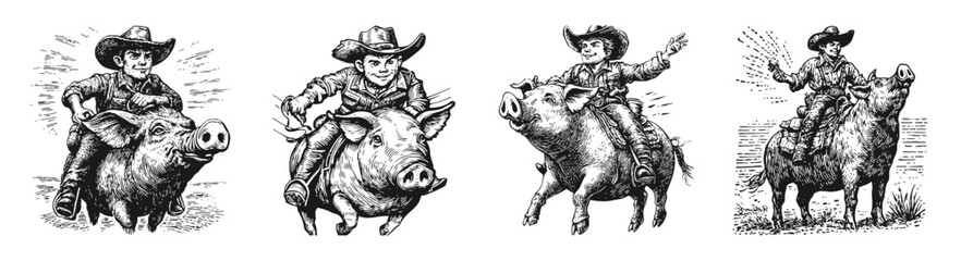 Vintage Cowboy Riding Pig Illustrations for Western Themed Designs, vector illustration, engraving design, logo design set, black and white line