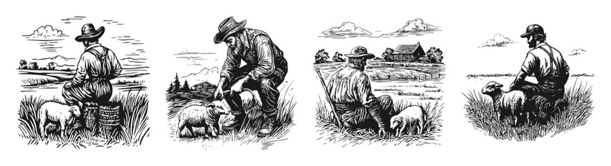 Vintage Farmer Engaging with Sheep in Serene Rural Landscape, vector illustration, engraving design, logo design set, black and white line