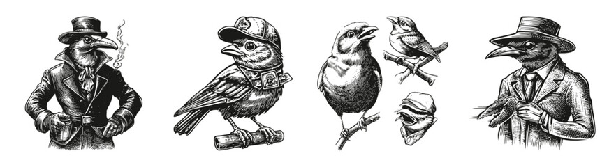Vintage Illustrations of Stylized Birds and Characters in Hats, vector illustration, engraving design, logo design set, black and white line