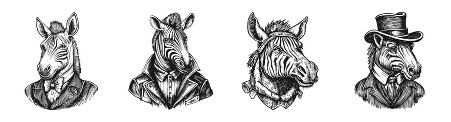 Vintage Zebra Illustrations in Distinctive Styles and Attires, vector illustration, engraving design, logo design set, black and white line