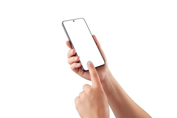 Hands using smartphone with blank screen transparent, isolated on white, ideal for app mockups, UI...