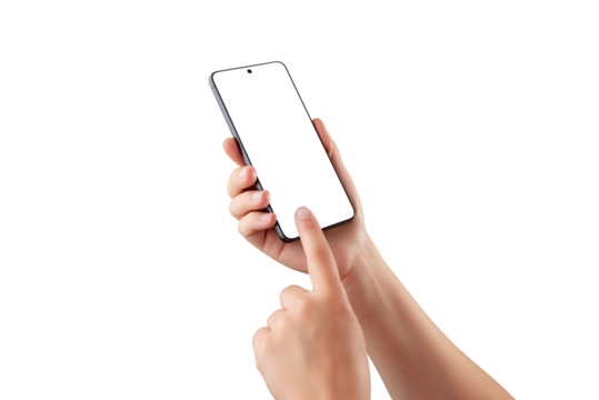 Hands using smartphone with blank screen transparent, isolated on white, ideal for app mockups, UI previews, or interactive mobile interface design