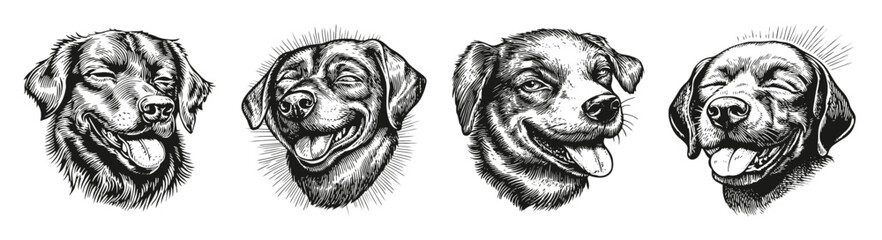 Illustrative of Happy Dog Faces in Engaging Black and White, vector illustration, engraving design, logo design set, black and white line