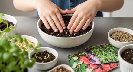 Child s hands planting seeds in soil for gardening and growth
