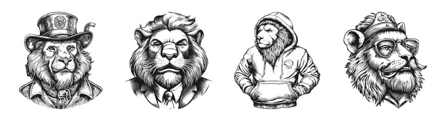 Detailed Sketch Illustrations of Unique Lion Characters, vector illustration, engraving design, logo design set, black and white line