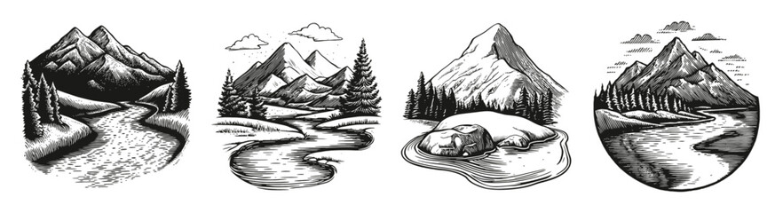 Serene Mountain Landscapes with River Illustrations in Black and White, vector illustration, engraving design, logo design set, black and white line