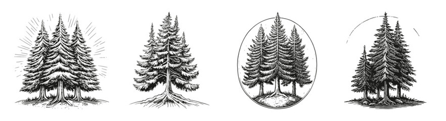 Four Vintage Tree Illustrations in Black and White Style, vector illustration, engraving design, logo design set, black and white line