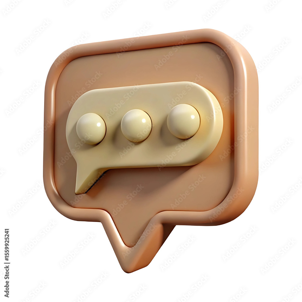 Poster a 3d rendered peach colored speech bubble icon with three subtle cream colored dots inside isolated 