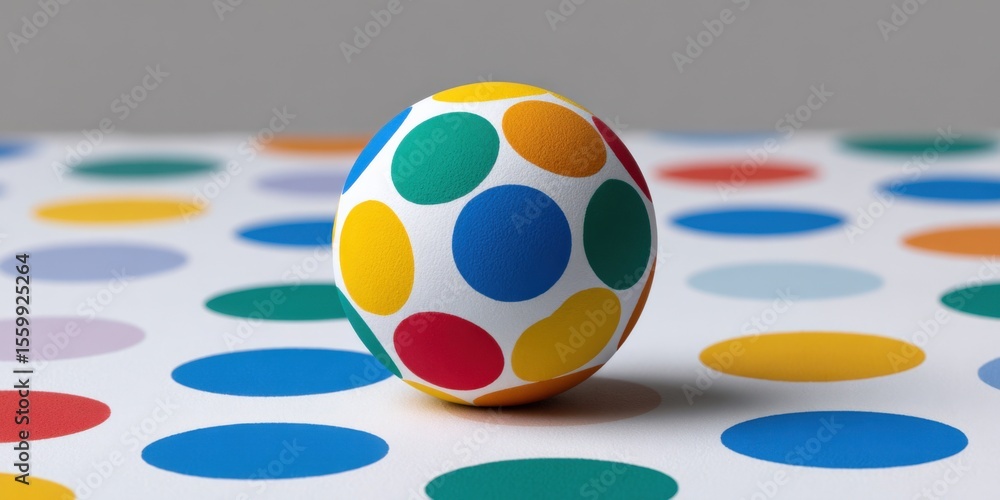 Poster sphere with colorful polka dots on matching surface, playful, abstract design, 3d render