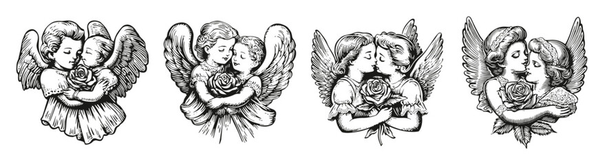 Vintage Cherubs Embracing with Roses in Classic Black and White Art, vector illustration, engraving design, logo design set, black and white line