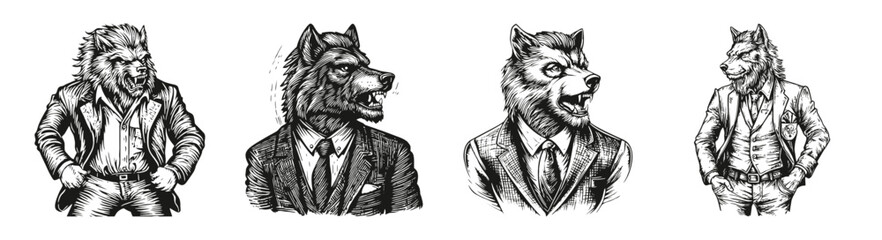 Stylish Animal Illustrations Featuring Lion and Wolf Characters, vector illustration, engraving design, logo design set, black and white line