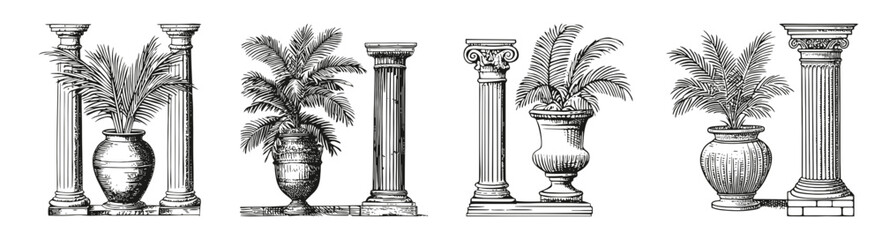 Vintage Engraving of Decorative Columns with Palm Leaves and Vases, vector illustration, engraving design, logo design set, black and white line