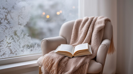 Cozy winter reading corner with comfortable armchair, fringed knit throw and snowy window view creating perfect hygge moment