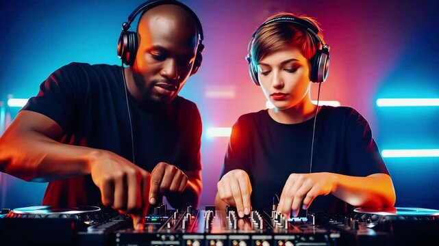 Two talented DJs create a vibrant mix in a lively club atmosphere at night