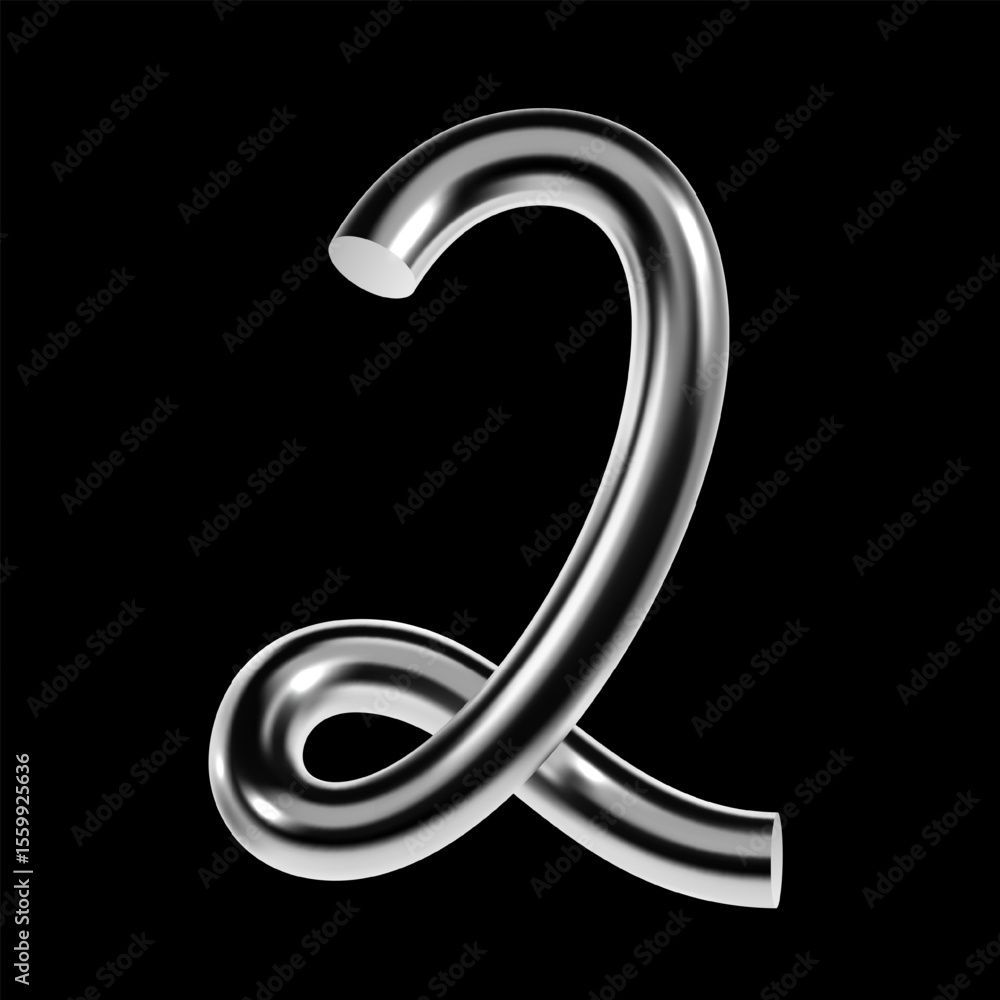 Aufkleber 3d chrome number two with glossy metallic surface, digit 2 in y2k style, isolated typography symbol